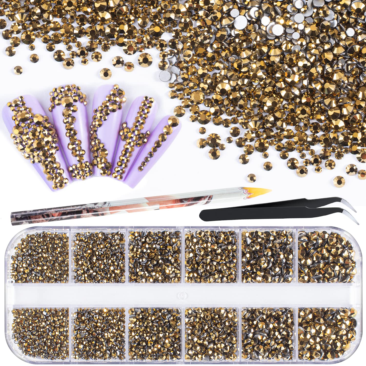 3600pcs Glass Mineral Gold Nail Rhinestones 6 Sizes(1.8/2/2.4/2.8/3/4mm) Flatback Crystal Nail Charms Jewels Decoration for Nail Art and Crafting, Tweezer and Pickup Pen included-BrightBean Baby