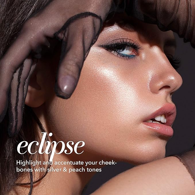 Pippa of London Eclipse Highlighter Palette 381 Make Up for Cheeks and Face with 4 Luxury Highlighters in a Silver Gold Case with Mirror-BrightBean Baby