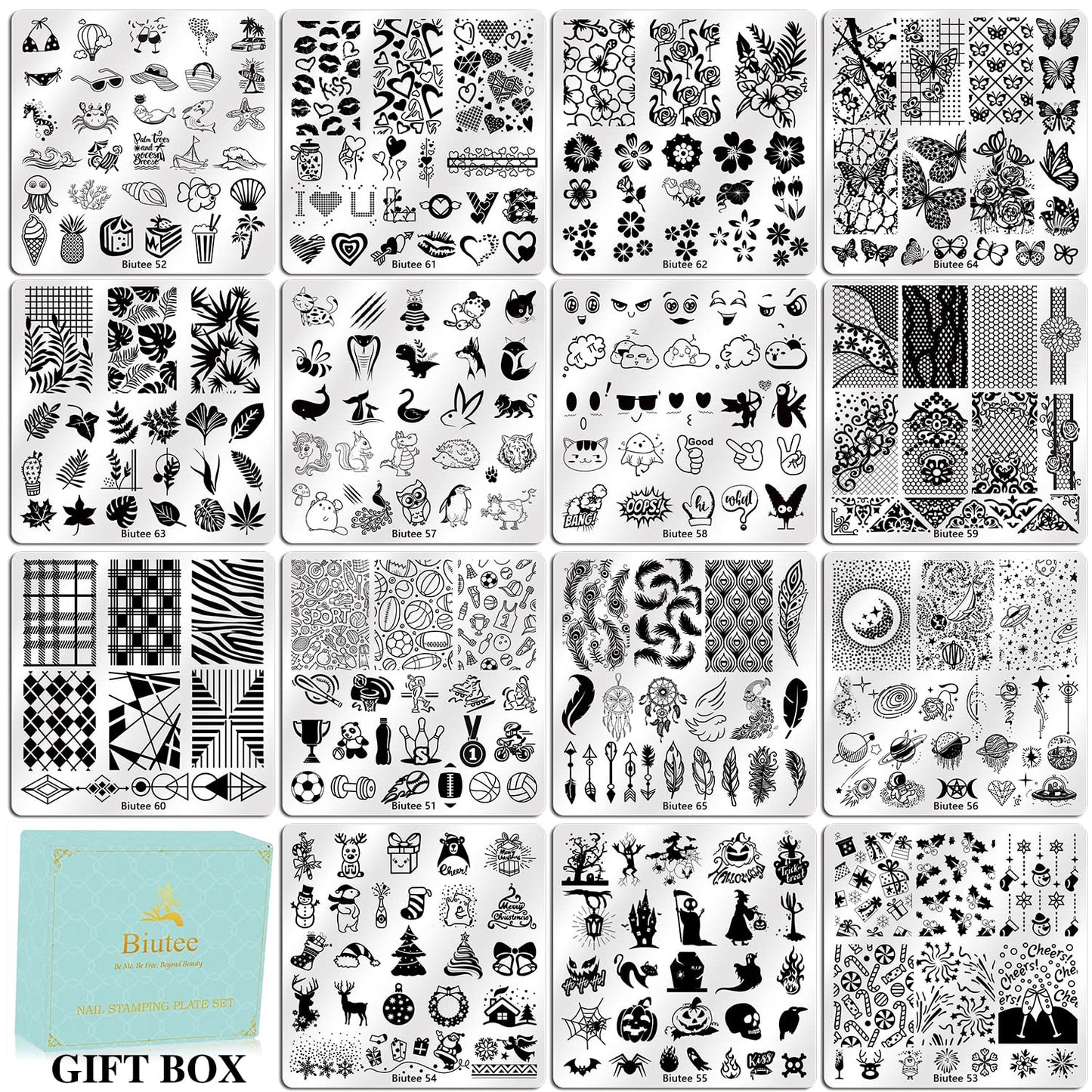 Biutee Nail Stamping Plates Set 15PCS Nail Art Stamper Scraper Nail Art Stamping Kit with Storage Bag Gift Box Nail Stamp Template Kit Lace Flower Butterfly Star Christmas Halloween Holiday Design-BrightBean Baby