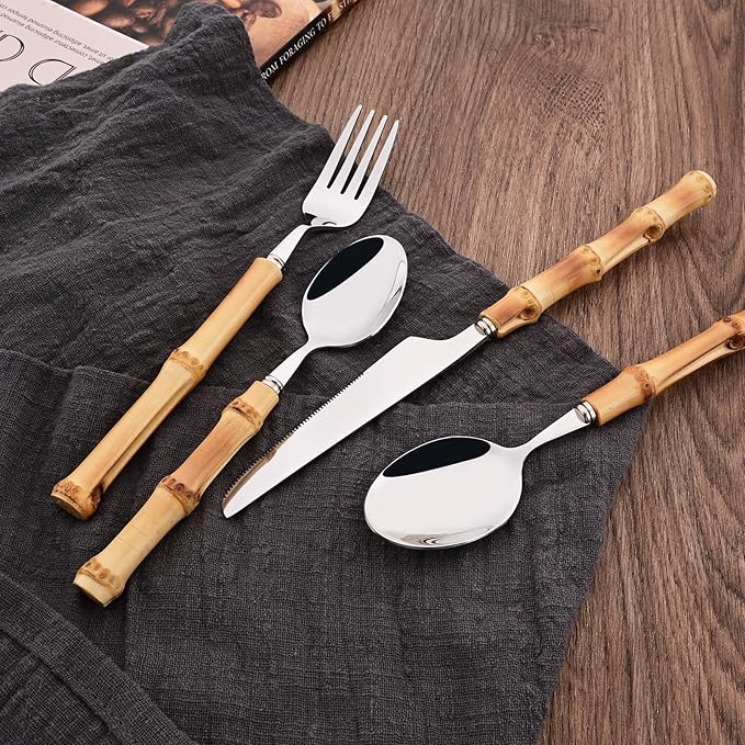 Dessert Spoon Set with Bamboo Handle, 8-Piece Stainless Steel Shiny Silver Dessert Spoon, Natural Bamboo Cutlery, Creative Design Small Spoons for Home Restaurant, 6.65 inch, Handcrafted