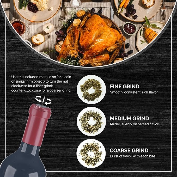 Wine Bottle Pepper Grinder, 12 Inch Wood Pepper Mill, Adjustable Coarseness 1:1 Scale Bottle Manual Peppercorn Mill, Wooden Pepper Crusher with Steel Grinders, Best for Wine Collectors, WB1