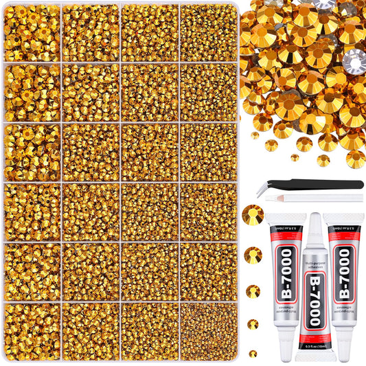 30000Pcs Resin Gold Rhinestones for Bedazzling Crafting with b7000 Jewelry Glue, Bulk Flatback Gems Bedazzler Kit for Crafts Clothes Shoes Fabric Nail Diamond Art, Assorted Size 2/3/4/5/6mm-BrightBean Baby