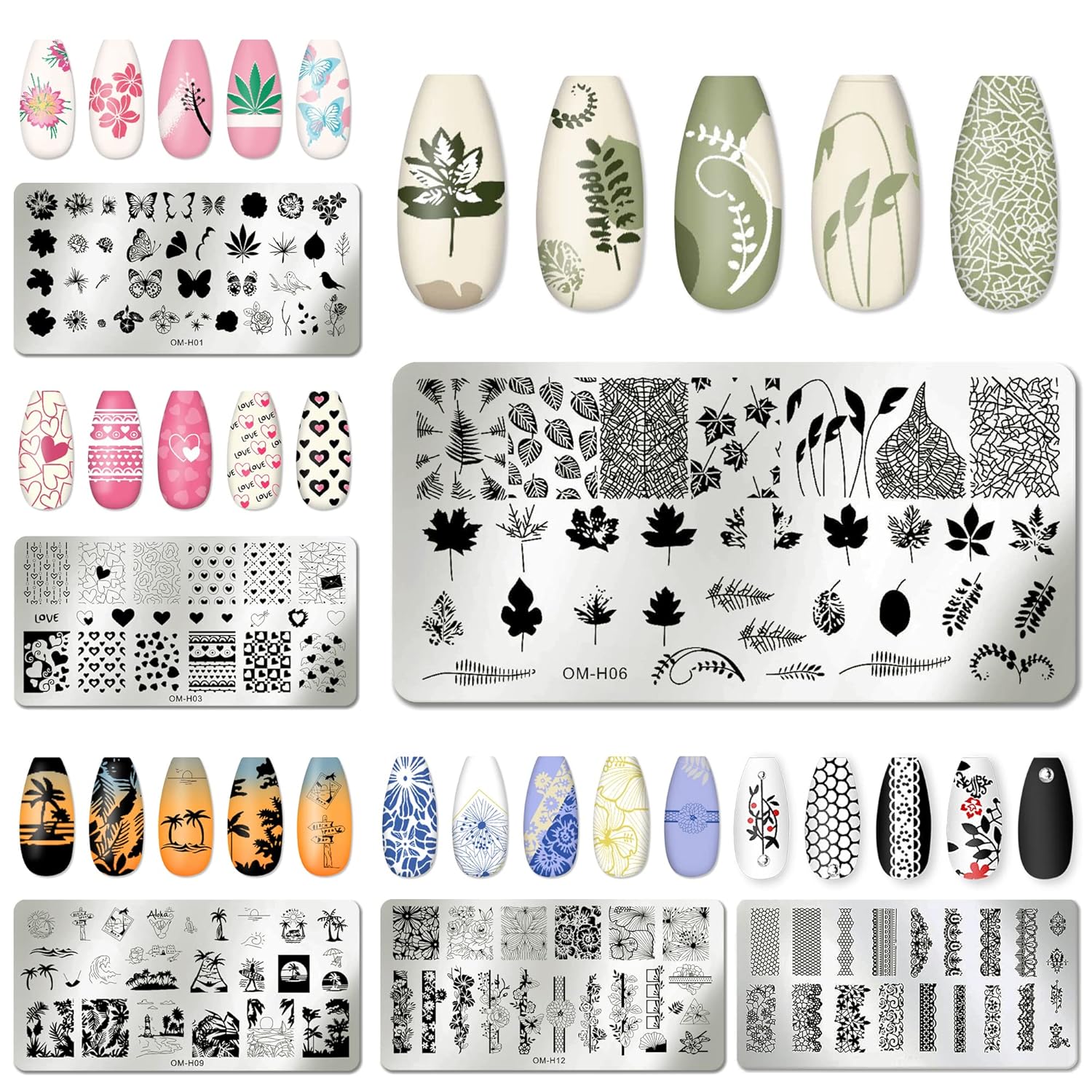 AddFavor Nail Art Stamper Kit 6pcs Flower Heart Leaf Lace Butterfly Stamping Plate Template with Silicone Nail Stamper and Scraper for Women Girls DIY Fingernail Manicure Stencils Tools-BrightBean Baby