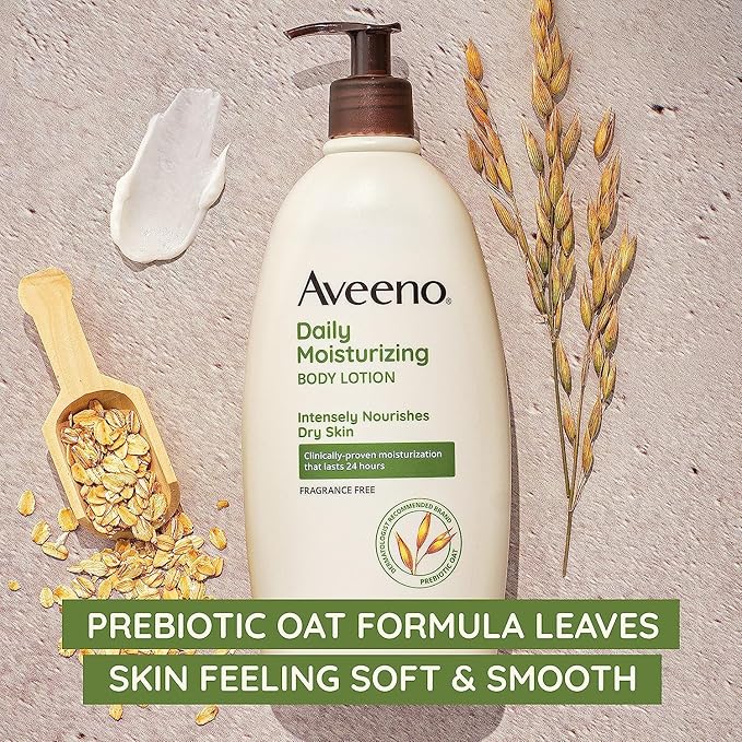 Aveeno Daily Moisturizing Body Lotion for Dry Skin with Prebiotic Oat, Fragrance & Paraben Free, Non-Greasy, Non-Comedogenic, for Sensitive Skin & 72-Hour Moisturizer 18 Fl Oz-BrightBean Baby