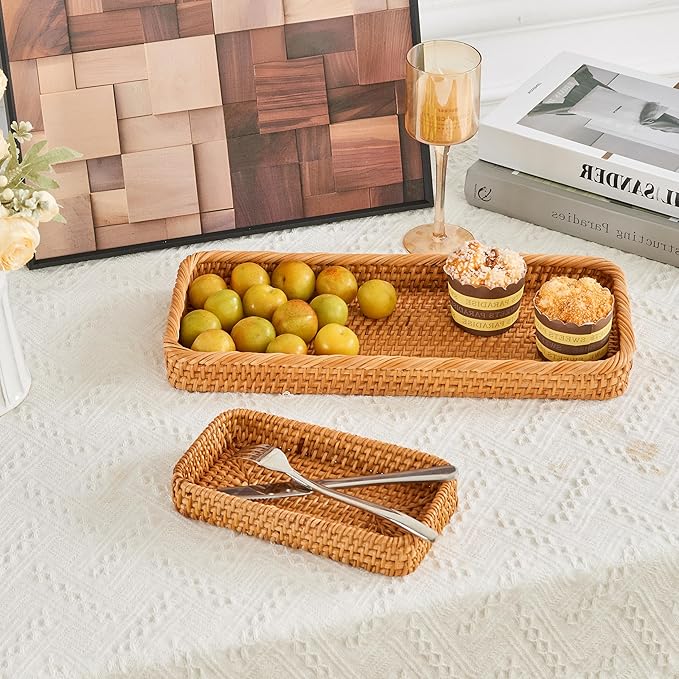 Rattan Tray Set of 3, Rectangular Woven Wicker Tray, Natural Wicker Rattan Serving Baskets for Table Kitchen Bathroom Counter Organizing