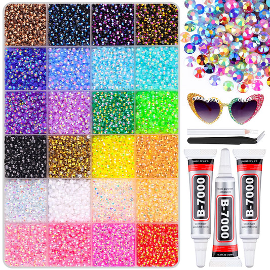 30000Pcs Resin Rhinestones with B7000 Jewelry Glue for Crafting, Multicolors 3mm Non Hotfix Flatback Gems, Bedazzling Crystal for DIY Crafts Clothing Tumblers Mugs Shoes Fabric Decor Nail Art-BrightBean Baby