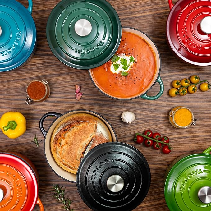 Cast Iron Dutch Oven with Lid – Non-Stick Ovenproof Enamelled Casserole Pot – Sturdy Dutch Oven Cookware – Red, 3.1-Quart, 22cm – by Nuovva