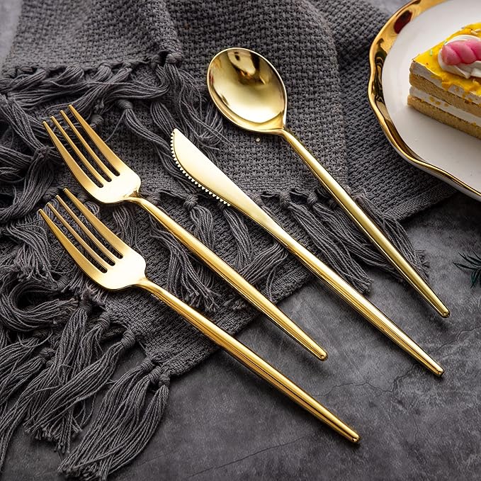 LIYH 102 Pcs Gold Plastic Silverware Disposable, Plastic Gold Utensils Heavyduty - Disposable Cutlery Includes Knives Forks and Spoons for Party, Birthday,Wedding Events