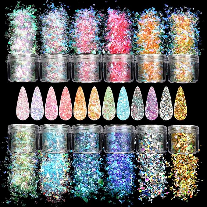 Allstarry 12 Colors Mermaid Nail Chunky Glitter Ultra-Thin Fluorescent Glass Paper Irregular Iridescent Sequin Flakes Glitters Sticker for Nails Art Decoration Hair Eyes Face Body DIY Craft-BrightBean Baby