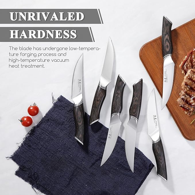 SHANGDAO Steak Knives Set of 6, Kitchen Steak Knife 4.5 Inch, 10Cr15CoMoV Core Steel High Carbon Stainless Steel Steak Knives, Serrated Steak Knife with Pakkawood Handle, Gift Box