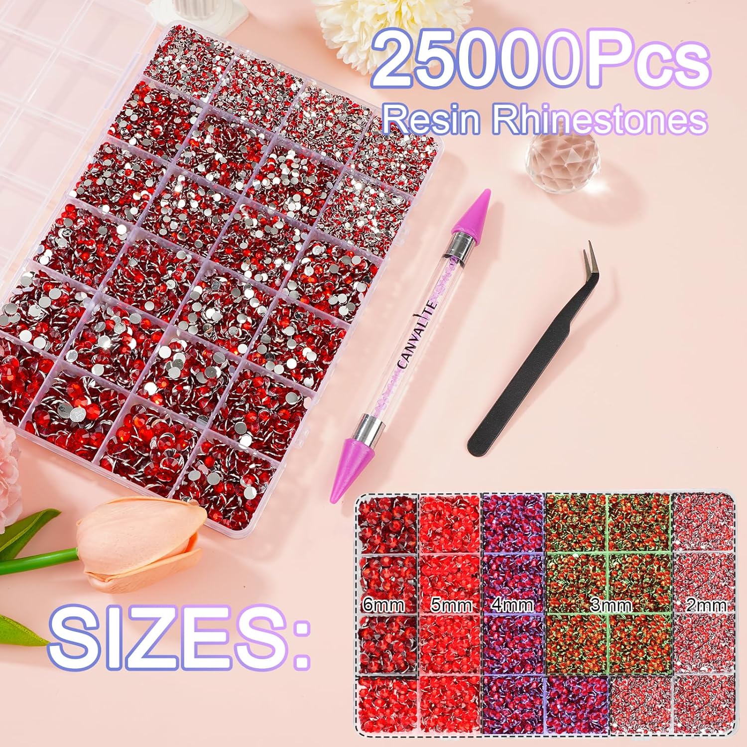 Canvalite 25000PCS Resin Jelly Rhinestones for Crafting,Red Flatback Gems, Bedazzling Crystal with 5Pcs 2.5g B7000 Jewelry Glue and Tweezers and Dotting Pen for DIY Crafts Clothing Shoes Nail Art-BrightBean Baby