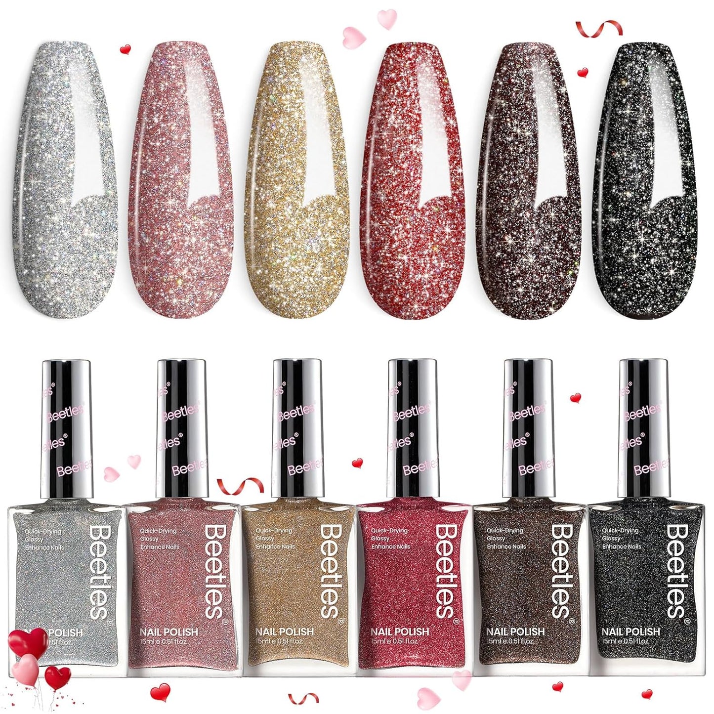 Beetles Glitter Nail Polish Set, 6 Color Silver Pink Gold Red Brown Black Quick Air Dry Nail Polish Natural Elegant Nail Lacquer Manicure DIY Nail Art Salon Gifts For Women-BrightBean Baby