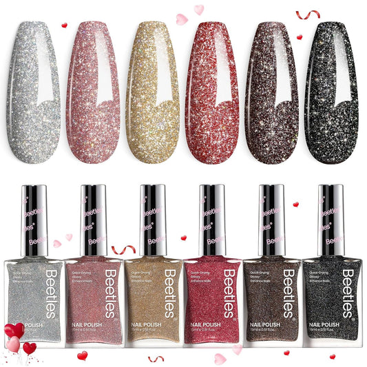 Beetles Glitter Nail Polish Set, 6 Color Silver Pink Gold Red Brown Black Quick Air Dry Nail Polish Natural Elegant Nail Lacquer Manicure DIY Nail Art Salon Gifts For Women-BrightBean Baby