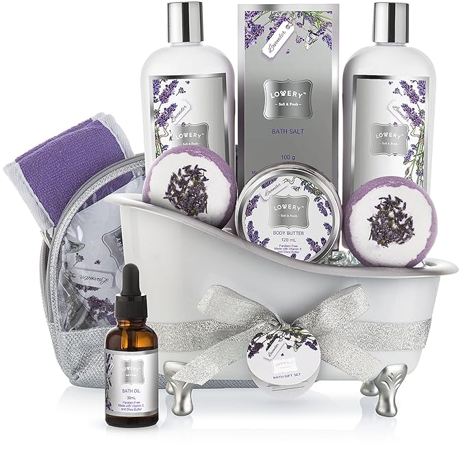 Bath Gift Basket Set for Women: Relaxing at Home Spa Kit Scented - Lavender and Jasmine with Large Bath Bombs, Salts, Shower Gel, Body Butter Lotion, Bath Oil, Bubble Bath, Loofah & More-BrightBean Baby