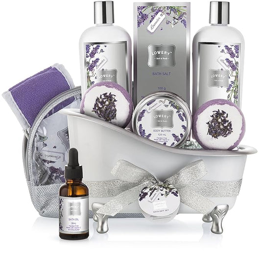 Bath Gift Basket Set for Women: Relaxing at Home Spa Kit Scented - Lavender and Jasmine with Large Bath Bombs, Salts, Shower Gel, Body Butter Lotion, Bath Oil, Bubble Bath, Loofah & More-BrightBean Baby