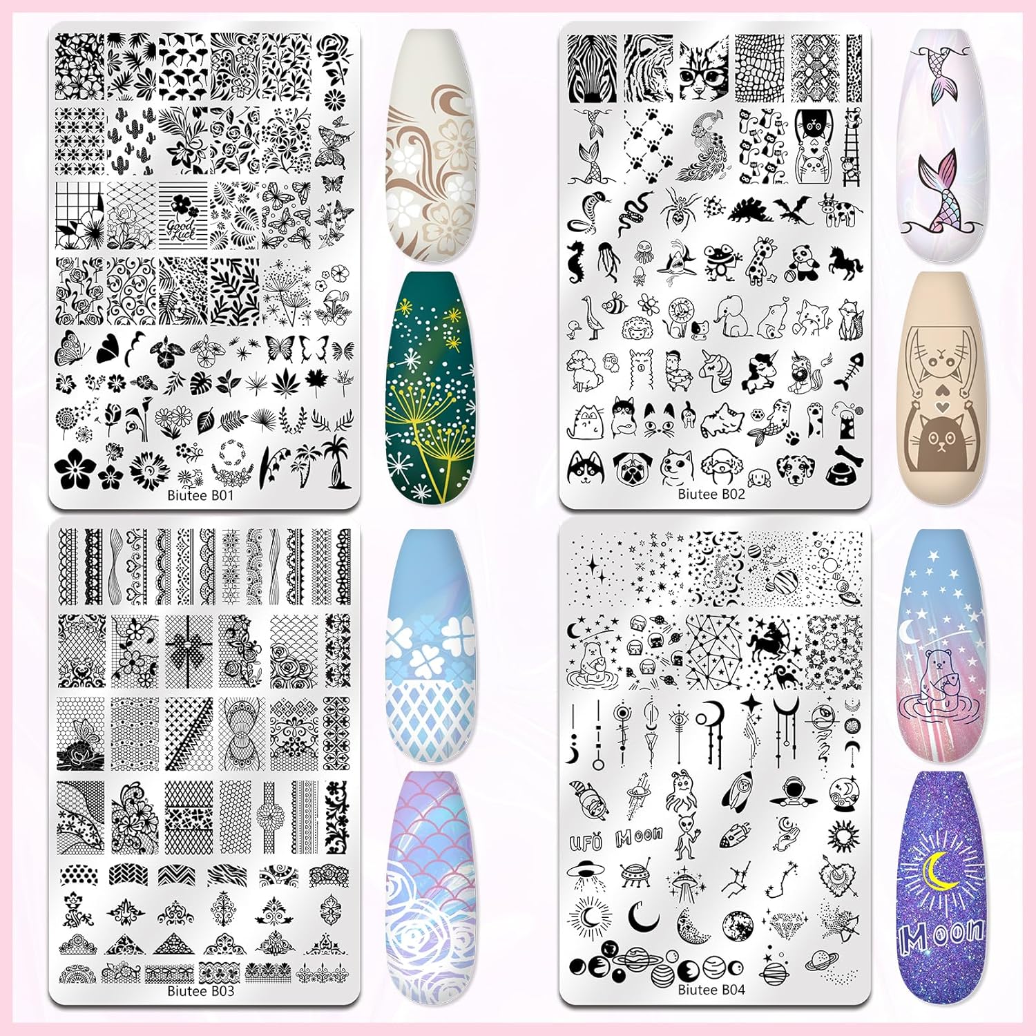 Biutee 4PCS Nail Stamping Plates Set, Includes Nail Art Stamper & Scraper - French Line Lace, Space, Animal, Flower, Leaf Designs - Large Nail Art Stencils Templates for DIY Manicure-BrightBean Baby