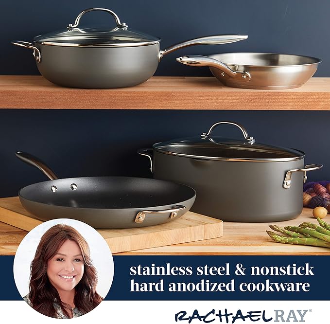 Rachael Ray 80090 Professional Hard Anodized Nonstick Cookware Oval Pasta Pot/Braiser, 8 Quart - Gray