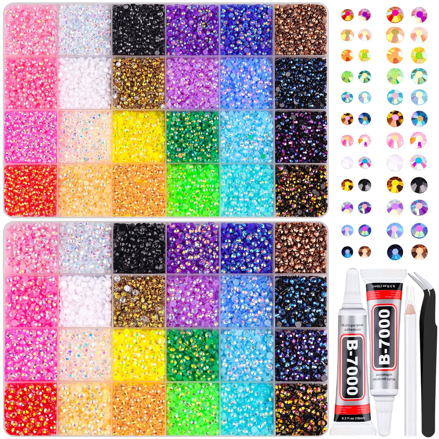 2 Boxes Jelly Rhinestones for Bedazzling, 36600Pcs 3mm & 4mm Multicolor Flatback Resin Gems for Crafting, Bedazzler Kit with 2Pcs 10ml B7000 Jewelry Glue for DIY Crafts Book Fabric Decor Nail Art-BrightBean Baby