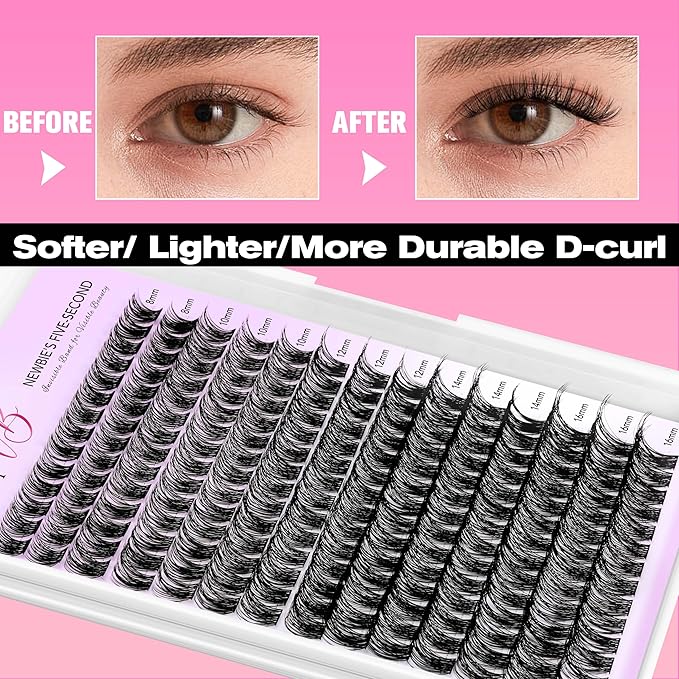 VEYESBEAUTY Lash Clusters Kit Individual Eyelash Extensions Thin & Invisible Band DIY False Eyelashes Newbie's Five-Second Series Wispy Lash Tray, Boldeye KIT with Bond&Seal Remover Applicator-BrightBean Baby