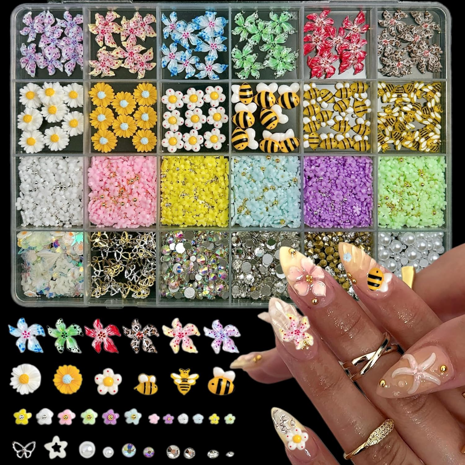 Flowers Nail Charms and Gems, Cute 3D Bee Daisy Hawaii Flowers Nail Art Charms for Acrylic Nails, Gold Silver Butterfly Nail Rhinestone and Charms,White Flatback Pearl Nail Charms Manicure DIY Crafts-BrightBean Baby