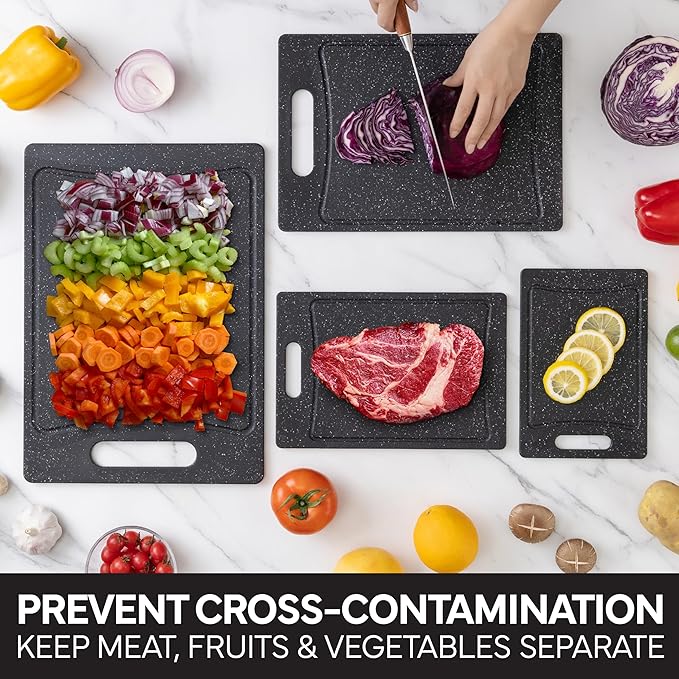 COOK WITH COLOR Non-Slip Cutting Board Set – Kitchen Essentials with Easy Grip Handle for Meat, Veggies, and Fruits, 4 Cutting Boards, Black