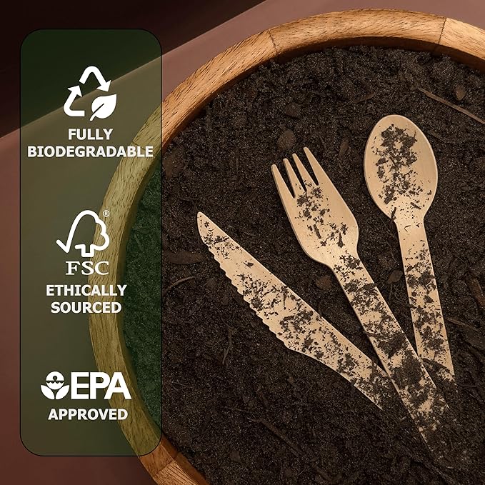 Disposable Wooden Cutlery Set 360 PCS - 100% Compostable Wooden Silverware [120 Forks, 120 Spoons, 120 Knives] - Wooden Disposable Utensils - Compostable Forks and Spoons - Silverware