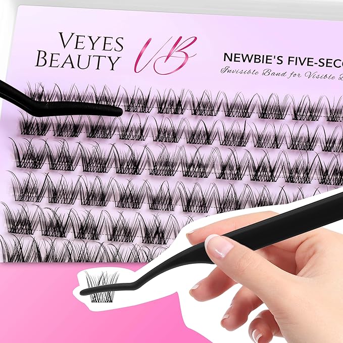 VEYESBEAUTY Lash Clusters Individual Eyelash Extensions Thin & Invisible Band DIY False Eyelashes for Self-application Newbie's Five-Second Series Wispy Lash Tray, LuxeBold 8-16mm Mixed Length-BrightBean Baby