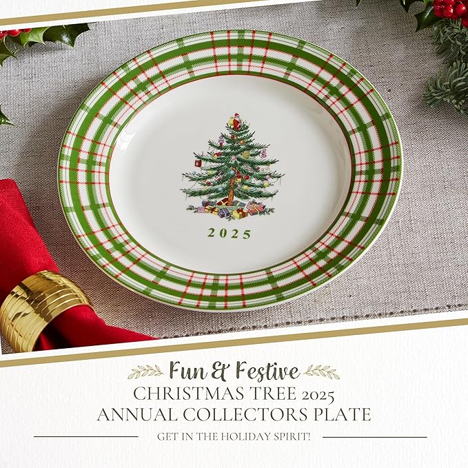 Spode Annual 2025 Collector Plate - Red & Green Plaid Border, Holiday Accent for Appetizers, Desserts & Display - 8 Inch Porcelain Plate, Microwave, Oven, Dishwasher & Freezer Safe