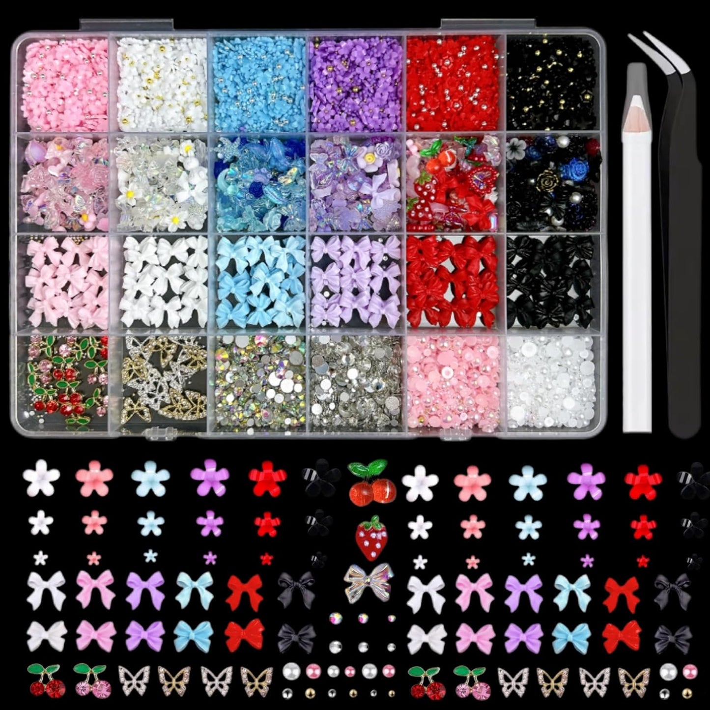 3D Flowers Nail Charms Y2K Kit, Metal Butterfly Cherry Colorful Bow Charms for Nails Art Gems, White and Pink Bows Pearls Charms for Nail Manicure DIY Crafts Jewelry Accessories-BrightBean Baby