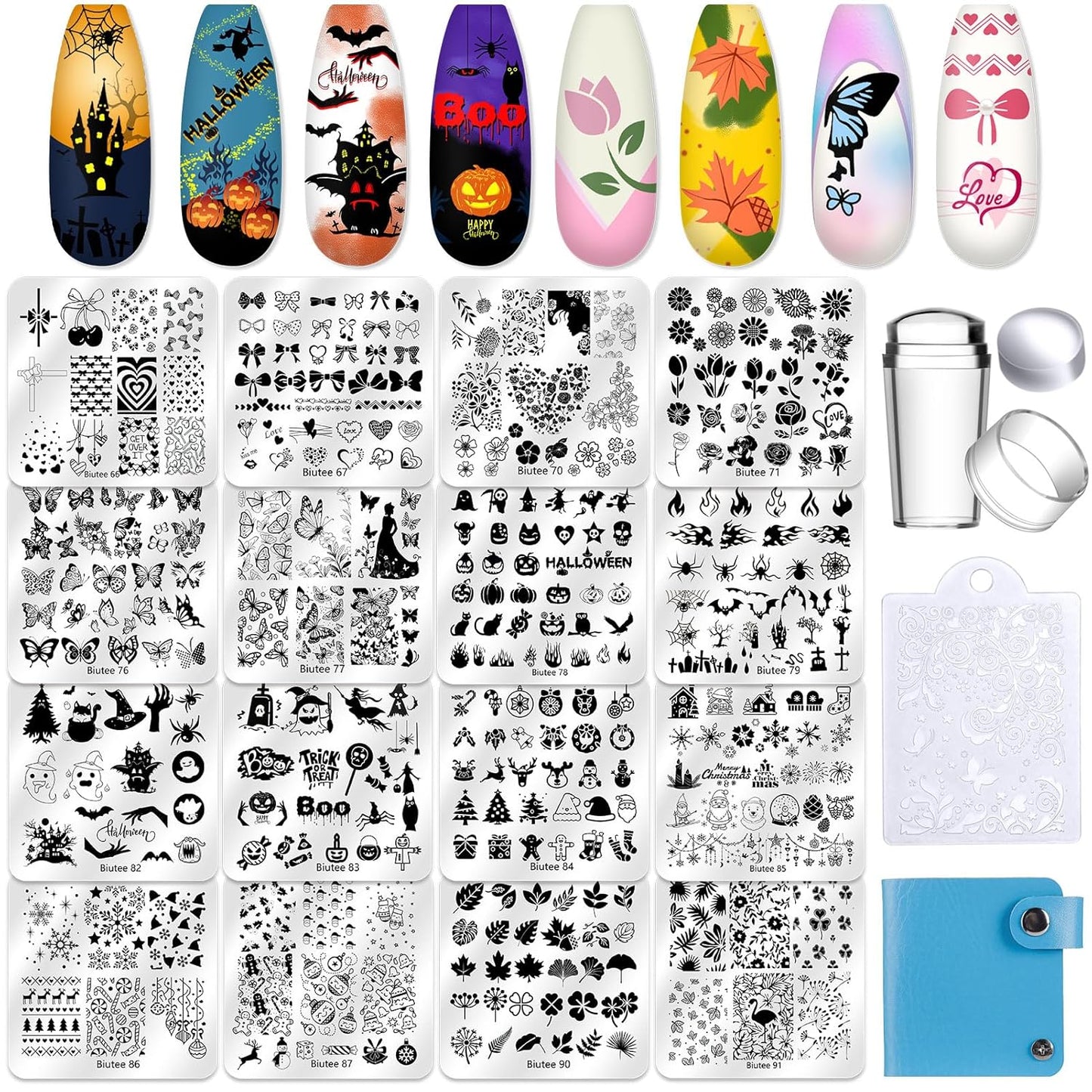 Biutee Nail Stamping Plate 20Pcs Nail Stamper Kit 16Pcs Nail Art Stamping Plates with Silicone Stamper, Scraper & Storage Bag, Stamp Plates Star Plaid Love Leaf Template Halloween Design Gift-BrightBean Baby