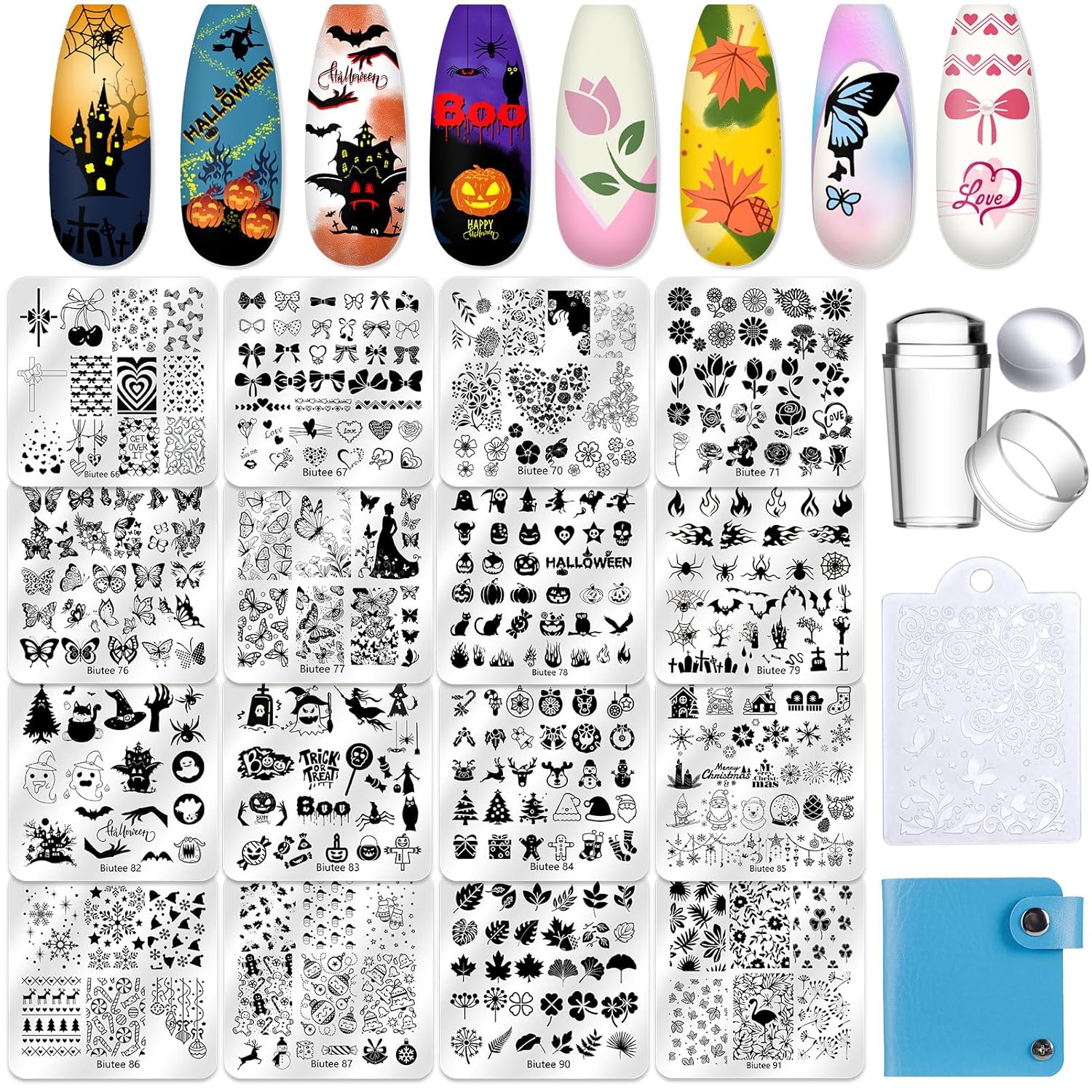 Biutee Nail Stamping Plate 20Pcs Nail Stamper Kit 16Pcs Nail Art Stamping Plates with Silicone Stamper, Scraper & Storage Bag, Stamp Plates Star Plaid Love Leaf Template Halloween Design Gift-BrightBean Baby