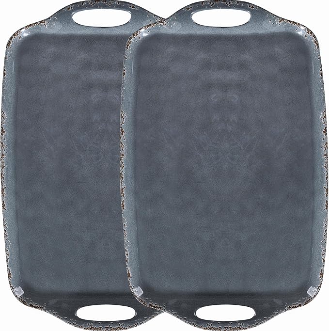 Extra Large Serving Tray with Handles, 19 x12 inch, Set of 2 Melamine Platters for Serving Food, Turkey, Cookie, Farmhouse Rectangular Trays for Eating, Dishwasher Safe, Gray