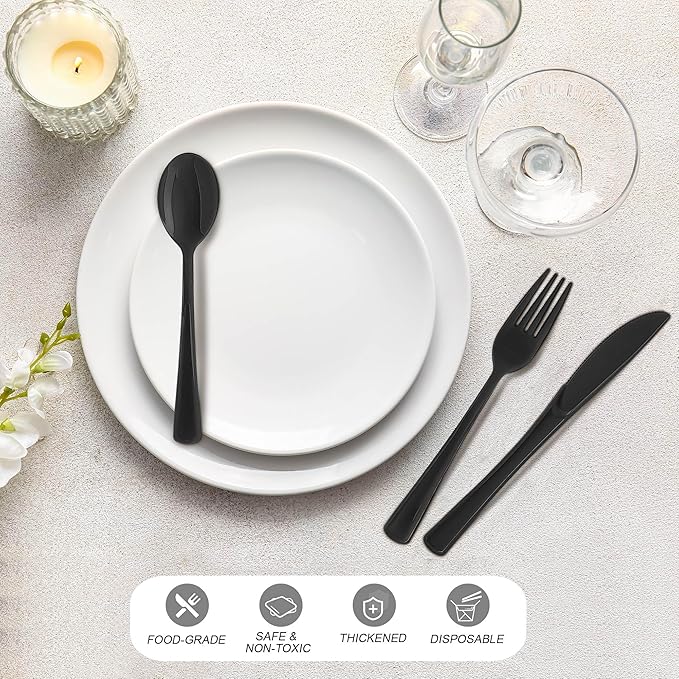 300 Pieces Black Plastic Silverware Heavy Duty Plastic Cutlery Set Heavyweight Disposable Flatware Includes Spoons Forks Knifes for Birthday Party Prom Night Wedding Dinner