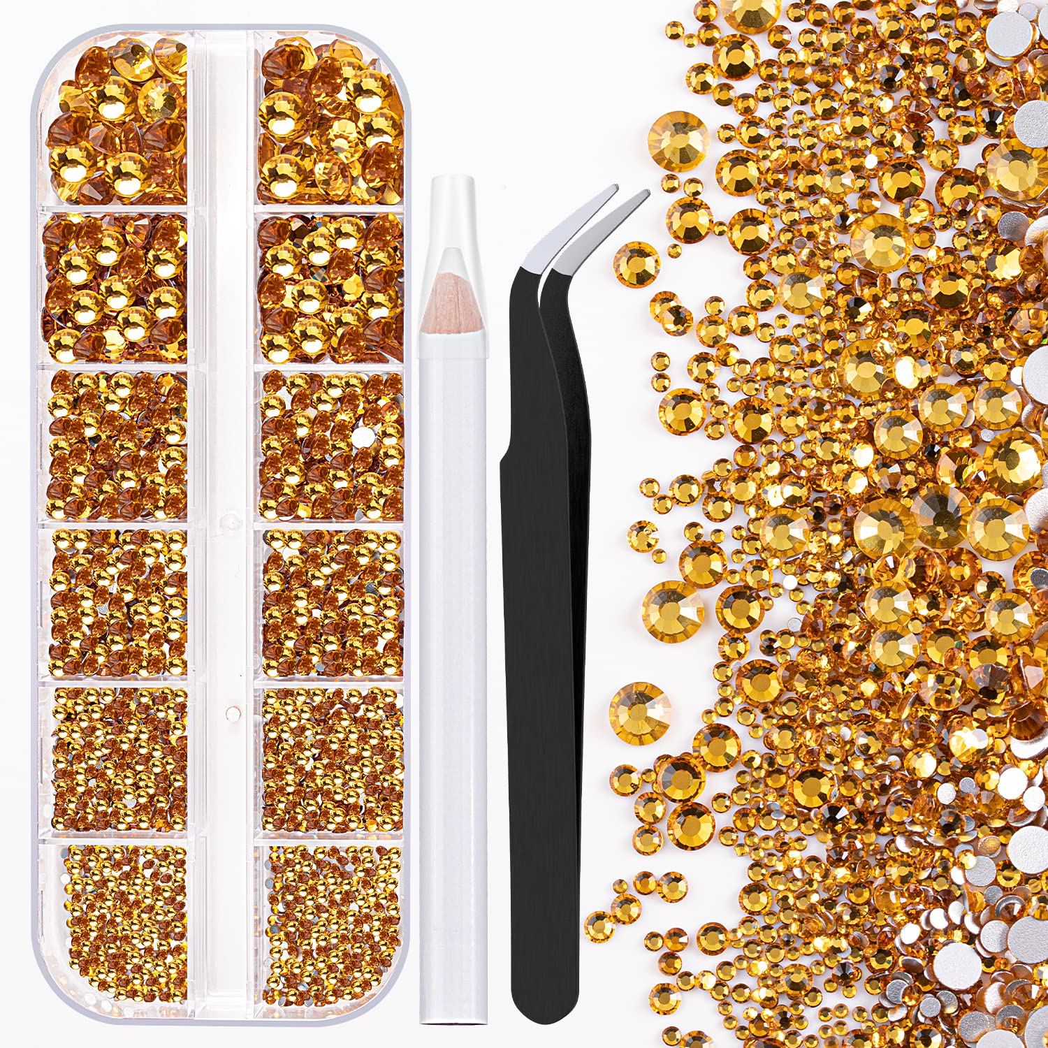 One Pack 2000 Pcs of Flatback Round Golden Yellow Rhinestones 6 Sizes (1.5-6 mm) with Nail Art Rhinestone Picker Pencil and Tweezer for DIY and Salon Use-BrightBean Baby