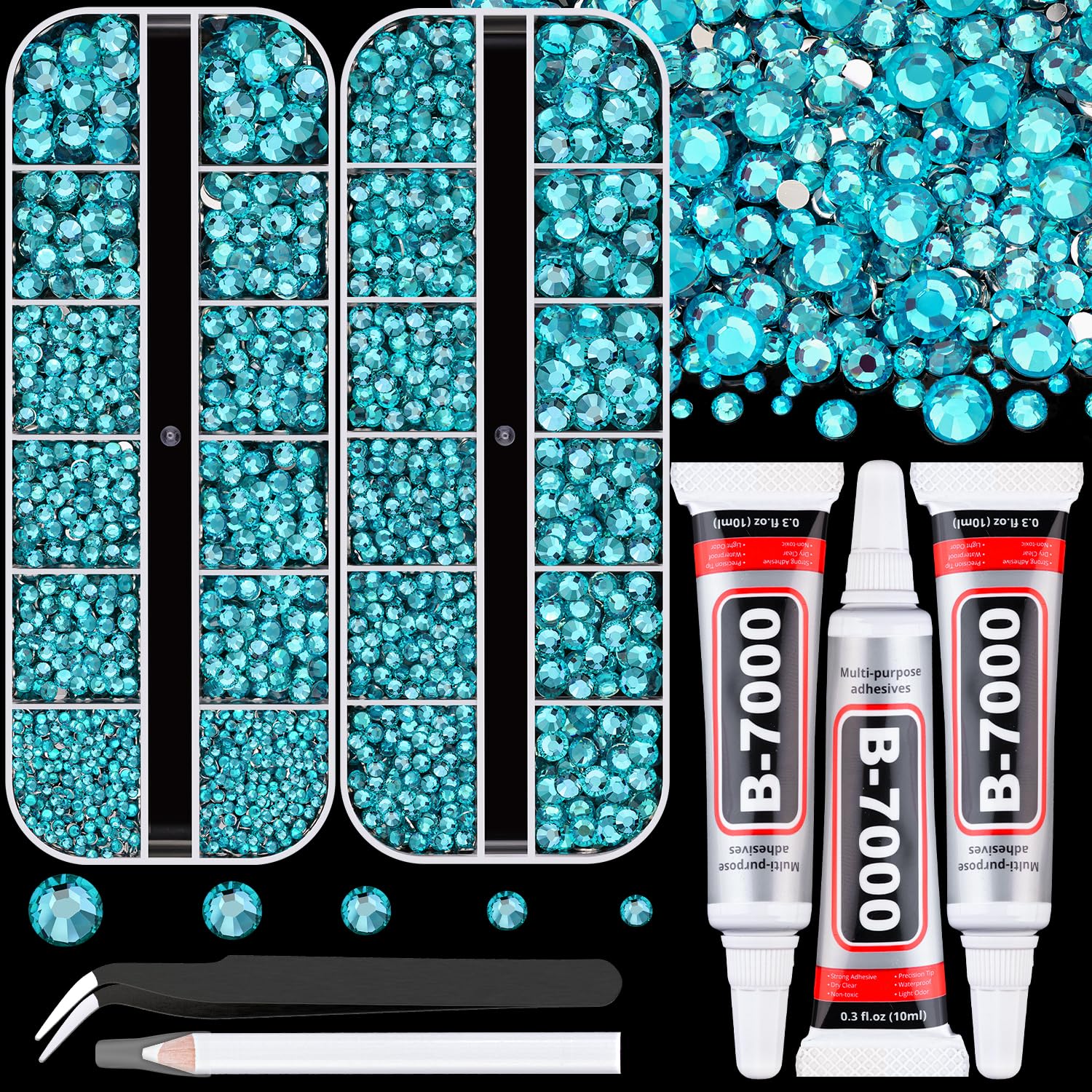Resin Rhinestones for Crafting with B7000 Jewelry Glue, 2 Boxes Teal Blue Flatback Crystals with 3Pcs 10ml Glue for Bedazzling Crafts DIY Nail Art Makeup, Gems for Clothing Shoes-BrightBean Baby
