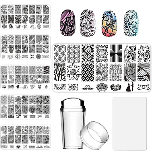 AddFavor Nail Stamper Kit 6pcs Flower Lace Vine Nail Art Stamping Plate Template with Silicone Nail Stamper and Scraper for Women Girls DIY Fingernail Manicure Stencils Tools-BrightBean Baby