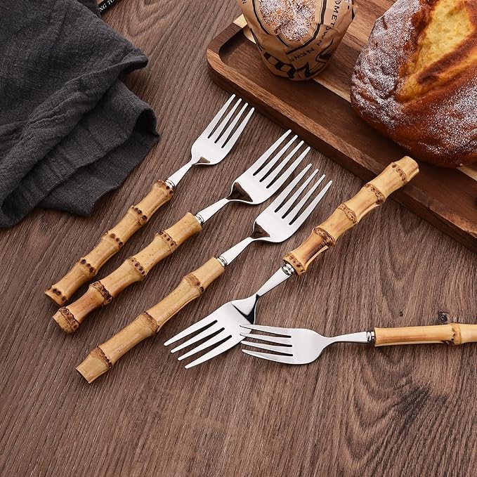 Dinner Fork Set, 8-Piece Natural Bamboo Forks, 18/8 Stainless Steel with Bamboo Handle, Silver Mirror Finish, Unique Design, 8.27 Inch