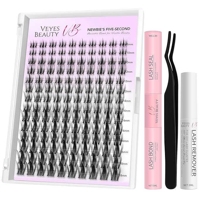 VEYESBEAUTY Lash Clusters Kit Eyelash Extensions Thin & Invisible Band DIY Individual False Eyelashes Newbie's Five-Second Series Wispy Lash Tray for Self-application, Manga Lash 8-18mm Mixed Length-BrightBean Baby