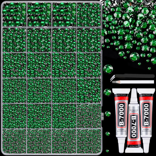 30000Pcs Resin Rhinestones with Tweezers for Crafting, Emerald Green Flatback Gems, Bedazzling Crystal with 3Pcs 10ml B7000 Jewelry Glue for DIY Crafts Clothing Tumblers Shoes Fabric Nail Art-BrightBean Baby