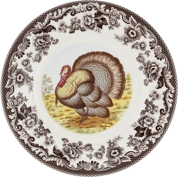 Spode Woodland Turkey Luncheon Plate - 9" Fine Earthenware Dish with British Flowers Border, Rustic Thanksgiving Design - Dishwasher, Microwave, Oven & Freezer Safe - Made in England