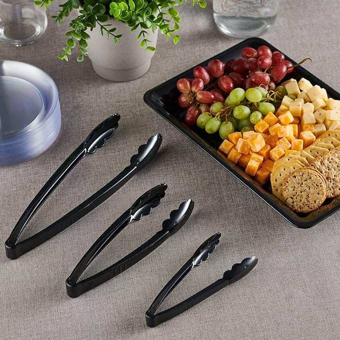 Plasticpro Heavy Duty Reusable Black Serving Tongs Combo Set - 4 Pieces (7.5'', 9'', 12'') for Kitchen, BBQ, Parties, Catering, Events, Weddings - Pack of 12
