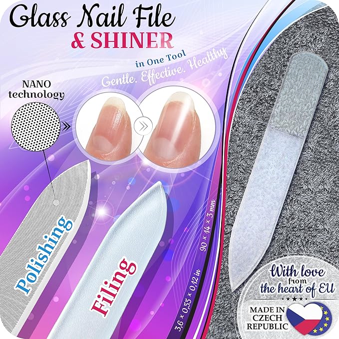 GLADZY Czech Glass Nail File Set - Multifunctional Nail Shiner Buffer, Callus Remover Foot Rasp, Glass Cuticle Pusher Manicure Stick, Etched Surface, Professional Nail Care Tool, Made in EU-BrightBean Baby