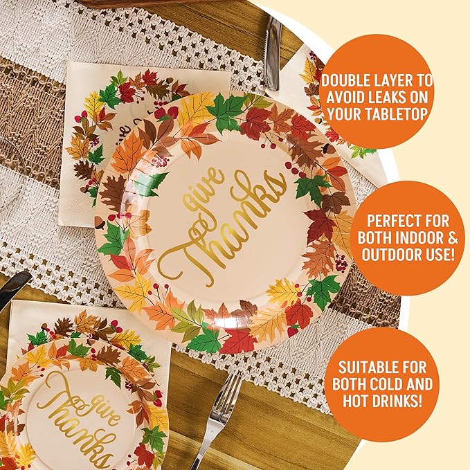 JOYIN 100Pcs Thanksgiving Paper Plates and Napkins Disposable Dinnerware Set for 25 Guests Give Thanks Theme Party Supplies Happy Thanksgiving Autumn Tableware Set