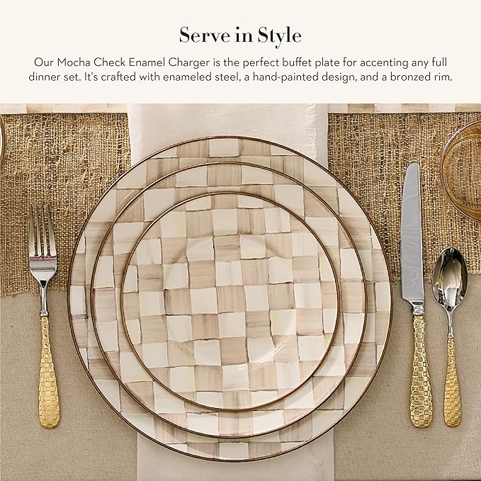 MACKENZIE-CHILDS Enamel Charger Plate, Charger Decoration Plate for Dinner Plates or Home Decor, 12 Inches, Brown-and-White Mocha Check