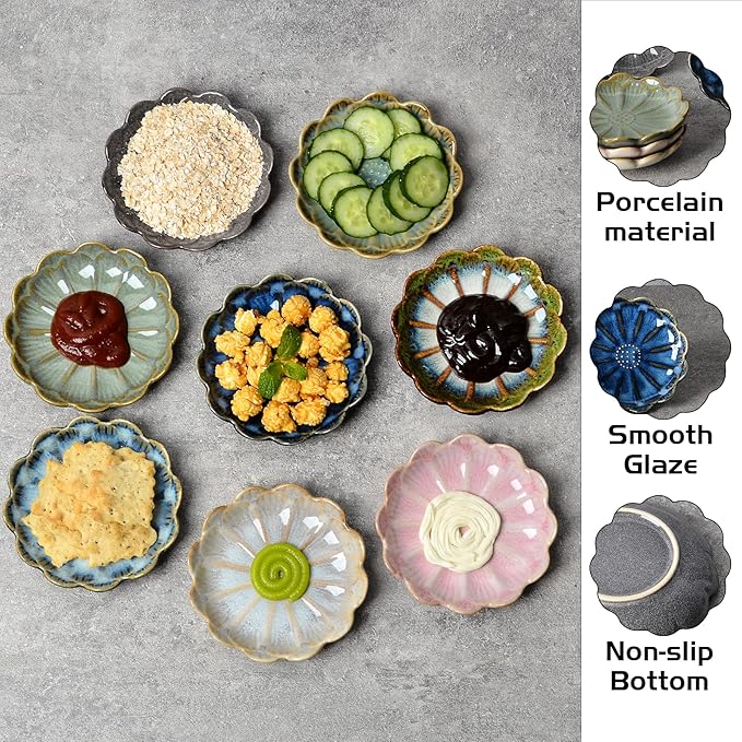 Ceramic Dipping Bowls Set of 8, 3 oz Sauce Cups, Chrysanthemum Round Small Side Dish for Sushi, Tomato, Soy Sauce, Condiment Finger Bowls