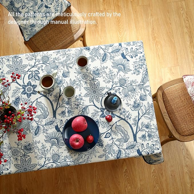 ISAENNE Designer French Linen Long Rectangle Tablecloth,Blue Floral Washable Indoor Table Cloth,Durable Home Decor Tablecloths for Dining Thanksgiving Kitchen Party Christmas,63"*94"-Ruyi B