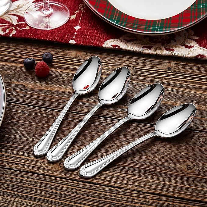KEAWELL Pearl Edge 4-Piece Premium Spoon Set, 18/10 Stainless Steel, Fine Silverware Spoons with Refined Bead Design, Brightly Polished, Dishwasher Safe (Silver, 6.4" Teaspoons)