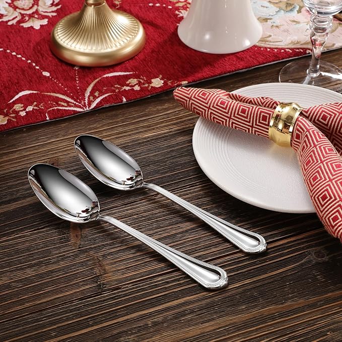 KEAWELL Pearl Edge 4-Piece Premium Spoon Set, 18/10 Stainless Steel, Fine Silverware Spoons with Refined Bead Design, Brightly Polished, Dishwasher Safe (Silver, 9" Serving Spoons)