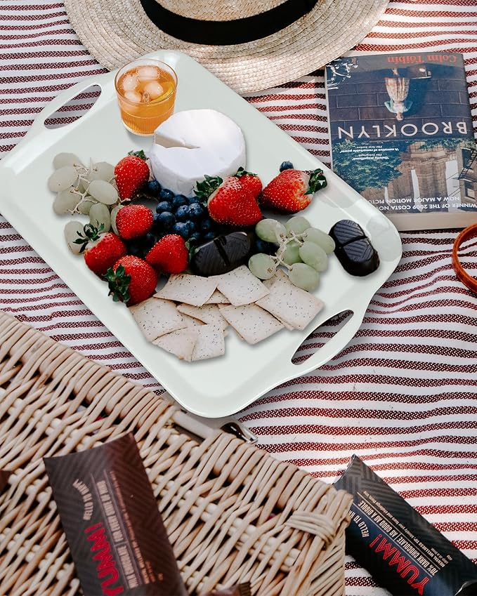 Large Melamine Serving Tray with Handles, 17.5 x 12 in Rectangular Melamine Serving Platter, Dishwasher Safe Trays for Eating, Appetizer, Charcuterie, Snack, Fruit, Desserts, Set of 2, White