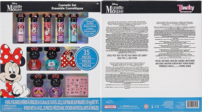 Townley Girl Disney Minnie Mouse Sparkly Cosmetic Makeup Set for Girls with Lip Balm Nail Polish Nail Stickers-35 Pcs|Perfect for Parties Sleepovers Makeovers|Birthday Gift for Girls above 3 Yrs, Kid-BrightBean Baby